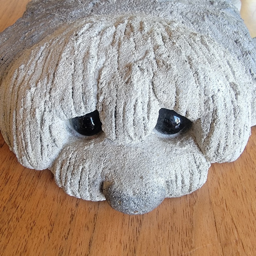 Vintage 1979 Lou Rankin Signed Concrete Shaggy Dog Sculpture Glass Eyes 7"